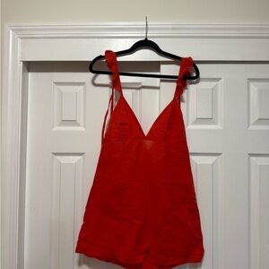 Free People linen red boho mini dress with sleeve ruffles and tie accents - xs